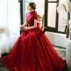 Vintage / Retro Red Lace Evening Dresses  2020 A-Line / Princess High Neck Short Sleeve Sequins Beading Floor-Length / Long Ruffle Backless Bow Formal Dresses