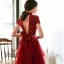 Vintage / Originale Rouge Dentelle Robe De Soirée 2020 Princesse Col Haut Manches Courtes Paillettes Perlage Longue Volants Dos Nu Noeud Robe De Ceremonie