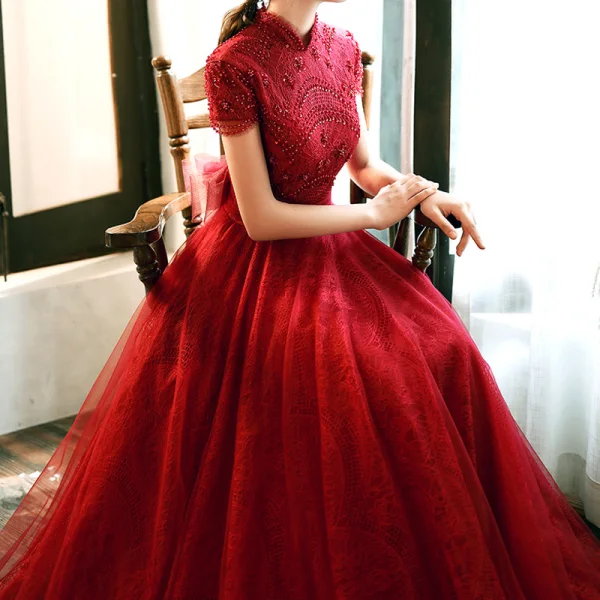 Vintage Retro Red Lace Evening Dresses 2020 A-Line Princess High Neck Short Sleeve Long Vintage Retro Red Lace Evening Dresses 2020 A-Line Princess High Neck Short Sleeve Long