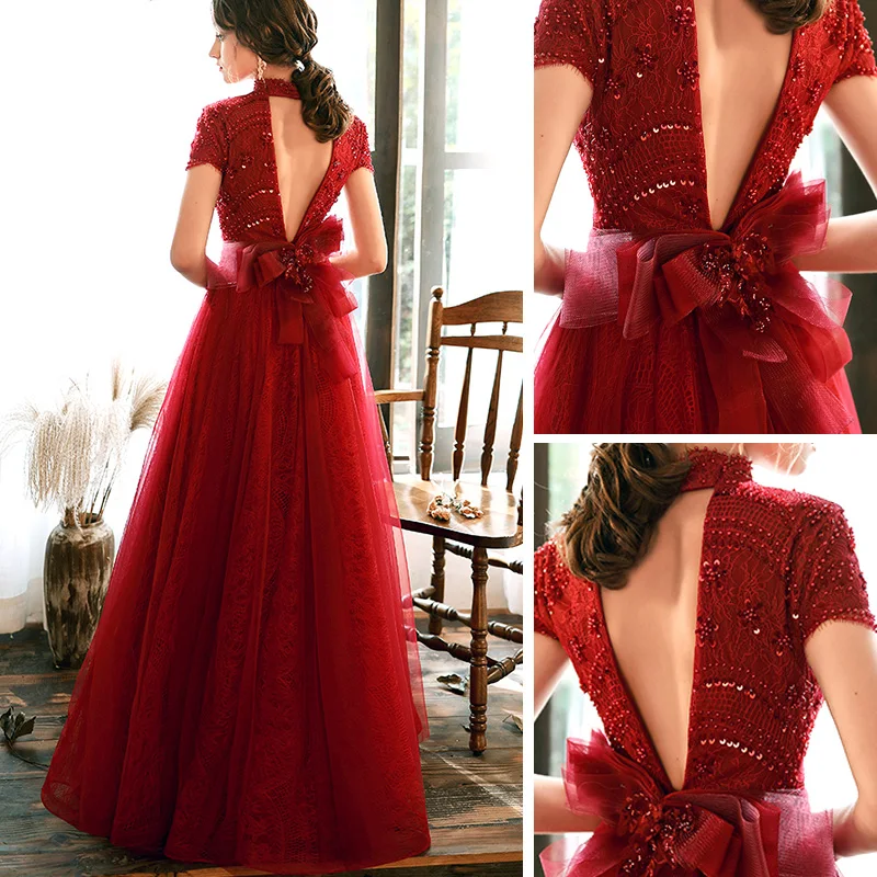Vintage Retro Red Lace Evening Dresses 2020 A-Line Princess High Neck Short Sleeve Long