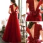 Vintage / Originale Rouge Dentelle Robe De Soirée 2020 Princesse Col Haut Manches Courtes Paillettes Perlage Longue Volants Dos Nu Noeud Robe De Ceremonie