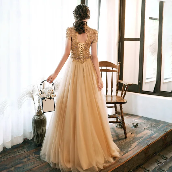 Vintage / Retro Gold Evening Dresses  2020 A-Line / Princess High Neck Short Sleeve Beading Floor-Length / Long Ruffle Backless Formal Dresses