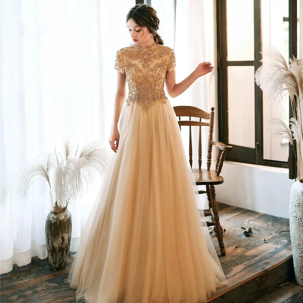 Vintage / Retro Gold Evening Dresses  2020 A-Line / Princess High Neck Short Sleeve Beading Floor-Length / Long Ruffle Backless Formal Dresses