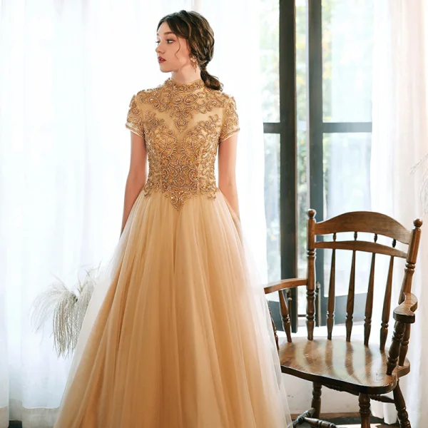 Vintage / Retro Gold Evening Dresses  2020 A-Line / Princess High Neck Short Sleeve Beading Floor-Length / Long Ruffle Backless Formal Dresses