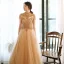 Vintage / Retro Gold Evening Dresses  2020 A-Line / Princess High Neck Short Sleeve Beading Floor-Length / Long Ruffle Backless Formal Dresses
