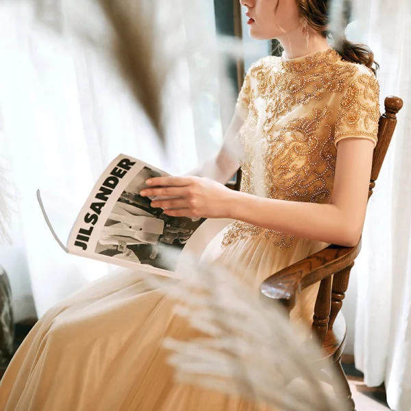 Vintage / Retro Gold Evening Dresses  2020 A-Line / Princess High Neck Short Sleeve Beading Floor-Length / Long Ruffle Backless Formal Dresses