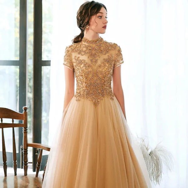 Vintage / Retro Gold Evening Dresses  2020 A-Line / Princess High Neck Short Sleeve Beading Floor-Length / Long Ruffle Backless Formal Dresses