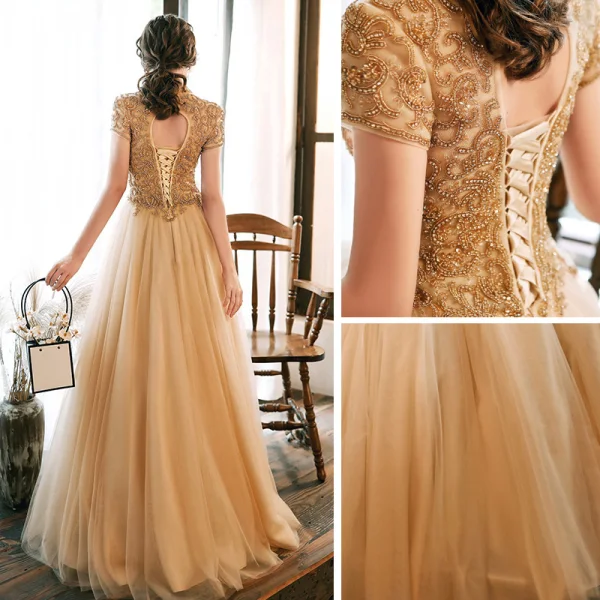 Vintage / Retro Gold Evening Dresses 2020 A-Line / Princess High Neck Short Sleeve Beading Floor-Length / Long Ruffle Backless Formal Dresses