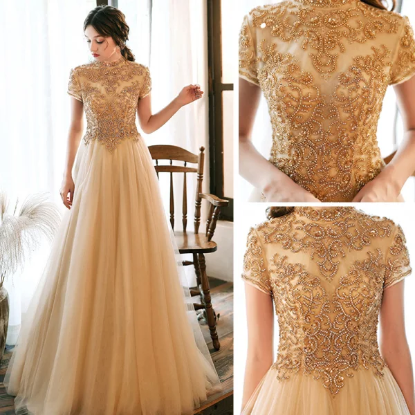 Vintage / Retro Gold Evening Dresses  2020 A-Line / Princess High Neck Short Sleeve Beading Floor-Length / Long Ruffle Backless Formal Dresses