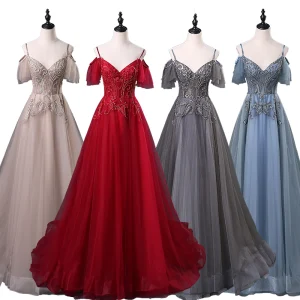 Chic Beautiful Prom Dresses 2019 A Line Princess Spaghetti Straps Short Sleeve Appliques Lace Beading Sweep Train Ruffle Backless Formal Dresses