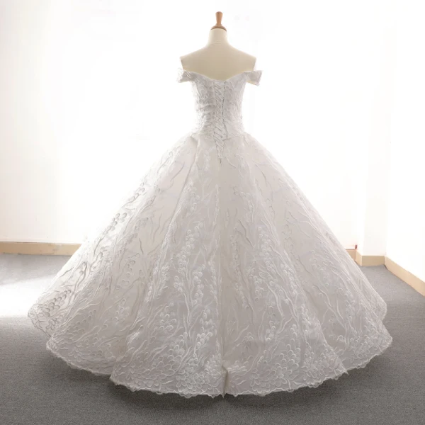 High-end White Dancing Prom Dresses 2023 Ball Gown Off-The-Shoulder Short Sleeve Best Appliques Lace Floor-Length / Long Ruffle Backless Formal Dresses