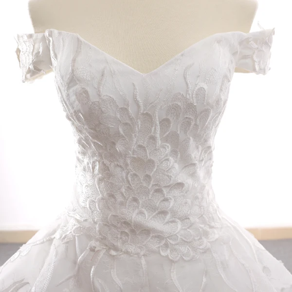 High-end White Dancing Prom Dresses 2023 Ball Gown Off-The-Shoulder Short Sleeve Best Appliques Lace Floor-Length / Long Ruffle Backless Formal Dresses
