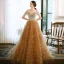 Charming Champagne Evening Dresses  2020 A-Line / Princess Off-The-Shoulder Short Sleeve Glitter Tulle Floor-Length / Long Cascading Ruffles Backless Formal Dresses