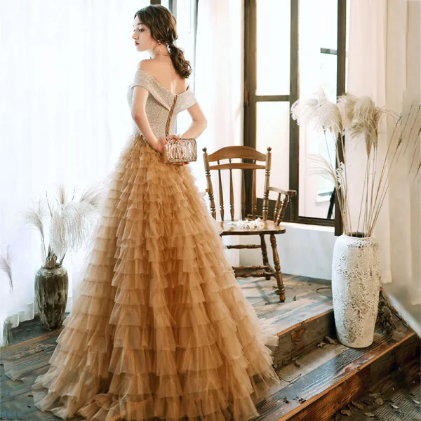 Charming Champagne Evening Dresses  2020 A-Line / Princess Off-The-Shoulder Short Sleeve Glitter Tulle Floor-Length / Long Cascading Ruffles Backless Formal Dresses