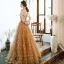 Charming Champagne Evening Dresses  2020 A-Line / Princess Off-The-Shoulder Short Sleeve Glitter Tulle Floor-Length / Long Cascading Ruffles Backless Formal Dresses
