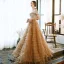 Charming Champagne Evening Dresses  2020 A-Line / Princess Off-The-Shoulder Short Sleeve Glitter Tulle Floor-Length / Long Cascading Ruffles Backless Formal Dresses