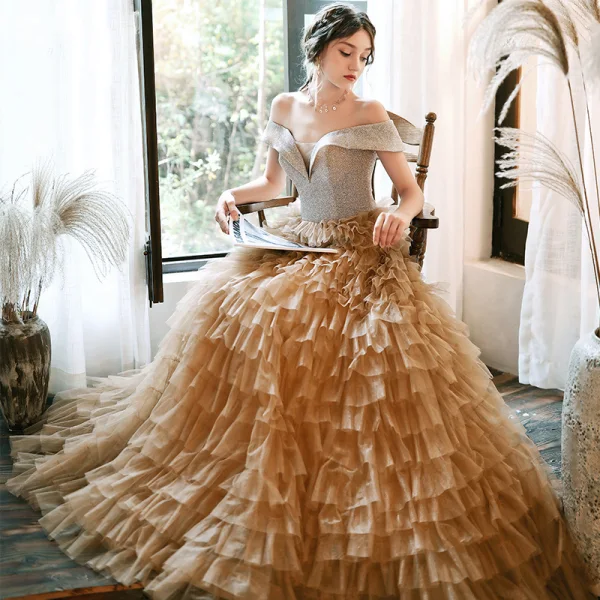 Charming Champagne Evening Dresses  2020 A-Line / Princess Off-The-Shoulder Short Sleeve Glitter Tulle Floor-Length / Long Cascading Ruffles Backless Formal Dresses