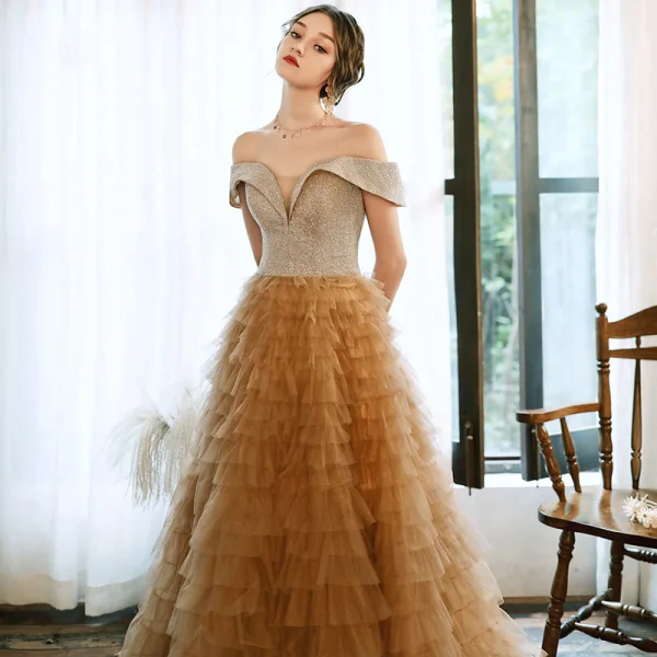 Charming Champagne Evening Dresses  2020 A-Line / Princess Off-The-Shoulder Short Sleeve Glitter Tulle Floor-Length / Long Cascading Ruffles Backless Formal Dresses