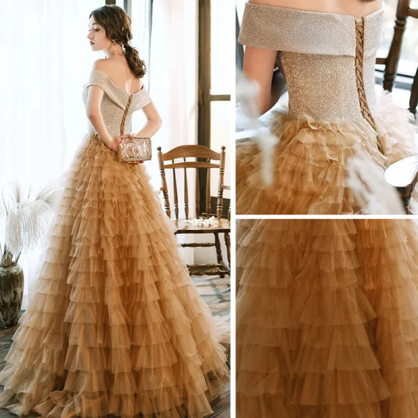 Charming Champagne Evening Dresses  2020 A-Line / Princess Off-The-Shoulder Short Sleeve Glitter Tulle Floor-Length / Long Cascading Ruffles Backless Formal Dresses