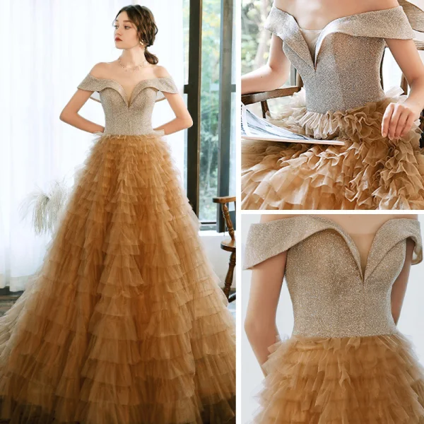 Charming Champagne Evening Dresses  2020 A-Line / Princess Off-The-Shoulder Short Sleeve Glitter Tulle Floor-Length / Long Cascading Ruffles Backless Formal Dresses