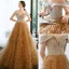Charming Champagne Evening Dresses  2020 A-Line / Princess Off-The-Shoulder Short Sleeve Glitter Tulle Floor-Length / Long Cascading Ruffles Backless Formal Dresses