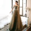 Chic / Beautiful Clover Green Evening Dresses  2020 A-Line / Princess Strapless Sleeveless Appliques Sequins Glitter Tulle Floor-Length / Long Ruffle Backless Formal Dresses