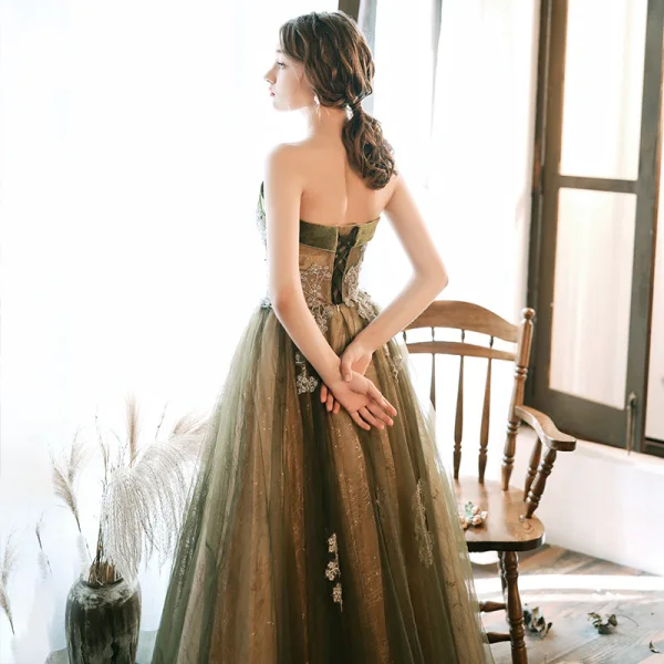 Chic / Beautiful Clover Green Evening Dresses  2020 A-Line / Princess Strapless Sleeveless Appliques Sequins Glitter Tulle Floor-Length / Long Ruffle Backless Formal Dresses