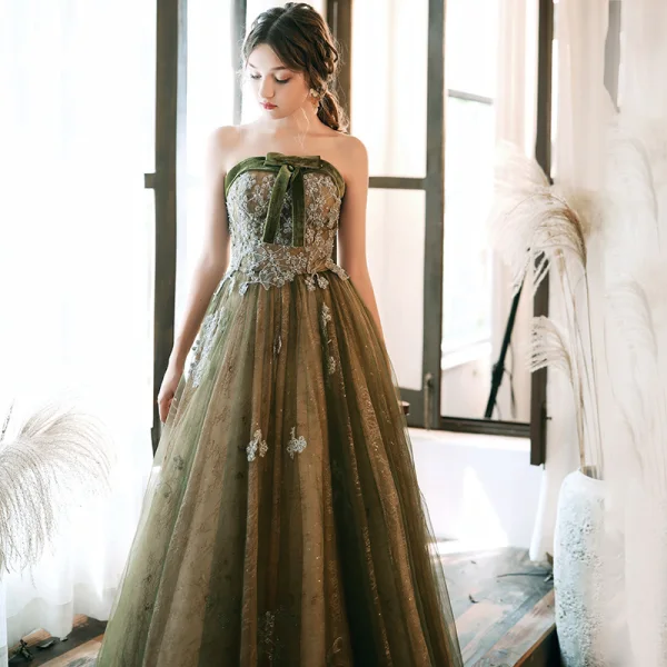 Chic / Beautiful Clover Green Evening Dresses  2020 A-Line / Princess Strapless Sleeveless Appliques Sequins Glitter Tulle Floor-Length / Long Ruffle Backless Formal Dresses