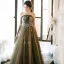 Chic / Beautiful Clover Green Evening Dresses  2020 A-Line / Princess Strapless Sleeveless Appliques Sequins Glitter Tulle Floor-Length / Long Ruffle Backless Formal Dresses