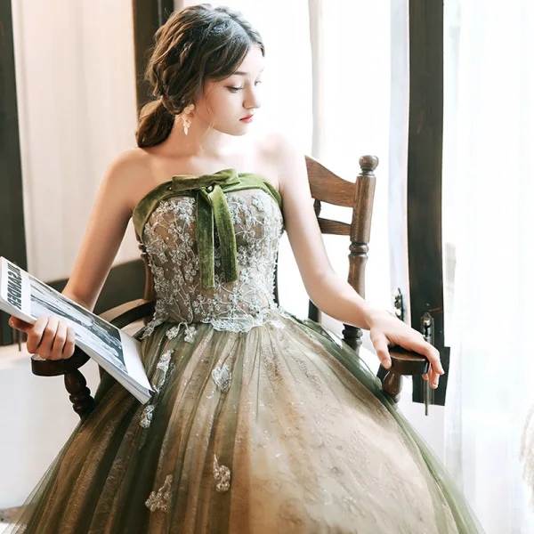 Chic / Beautiful Clover Green Evening Dresses  2020 A-Line / Princess Strapless Sleeveless Appliques Sequins Glitter Tulle Floor-Length / Long Ruffle Backless Formal Dresses