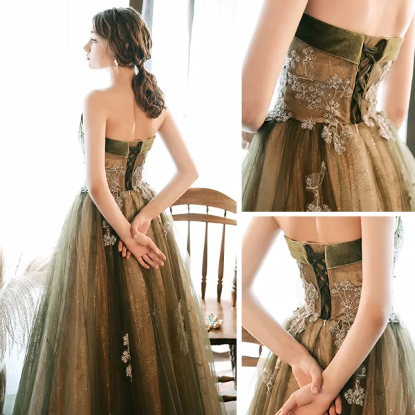 Chic / Beautiful Clover Green Evening Dresses  2020 A-Line / Princess Strapless Sleeveless Appliques Sequins Glitter Tulle Floor-Length / Long Ruffle Backless Formal Dresses