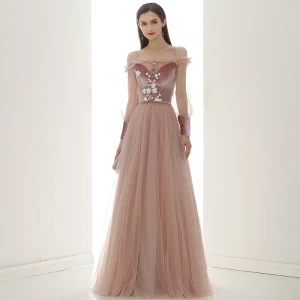 Élégant Perle Rose Daim Robe De Soirée 2020 Princesse De L 039 Épaule Gonflée Manches Longues Ceinture Appliques Fleur Perlage Longue Volants Dos Nu Robe De Ceremonie
