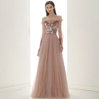 Élégant Perle Rose Daim Robe De Soirée 2020 Princesse De L 039 Épaule Gonflée Manches Longues Ceinture Appliques Fleur Perlage Longue Volants Dos Nu Robe De Ceremonie