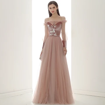 Eleganckie Różowy Perłowy Zamszowe Sukienki Wieczorowe 2020 Princessa Przy Ramieniu Bufiasta Długie Rękawy Szarfa Aplikacje Kwiat Frezowanie Długie Wzburzyć Bez Pleców Sukienki Wizytowe