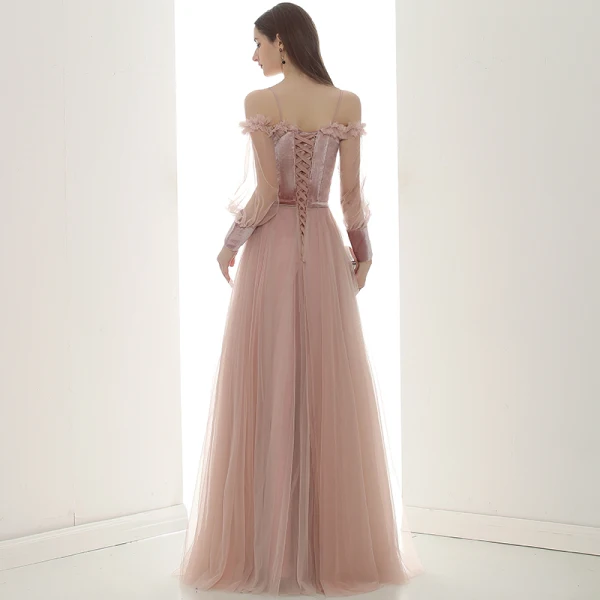 Elegant Pearl Pink Suede Evening Dresses 2020 A-Line / Princess Off-The-Shoulder Puffy Long Sleeve Sash Appliques Flower Beading Floor-Length / Long Ruffle Backless Formal Dresses