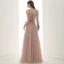 Elegant Pearl Pink Suede Evening Dresses  2020 A-Line / Princess Off-The-Shoulder Puffy Long Sleeve Sash Appliques Flower Beading Floor-Length / Long Ruffle Backless Formal Dresses