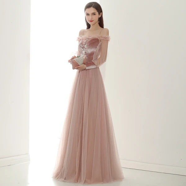 Elegant Pearl Pink Suede Evening Dresses 2020 A-Line / Princess Off-The-Shoulder Puffy Long Sleeve Sash Appliques Flower Beading Floor-Length / Long Ruffle Backless Formal Dresses