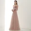 Elegant Pearl Pink Suede Evening Dresses  2020 A-Line / Princess Off-The-Shoulder Puffy Long Sleeve Sash Appliques Flower Beading Floor-Length / Long Ruffle Backless Formal Dresses