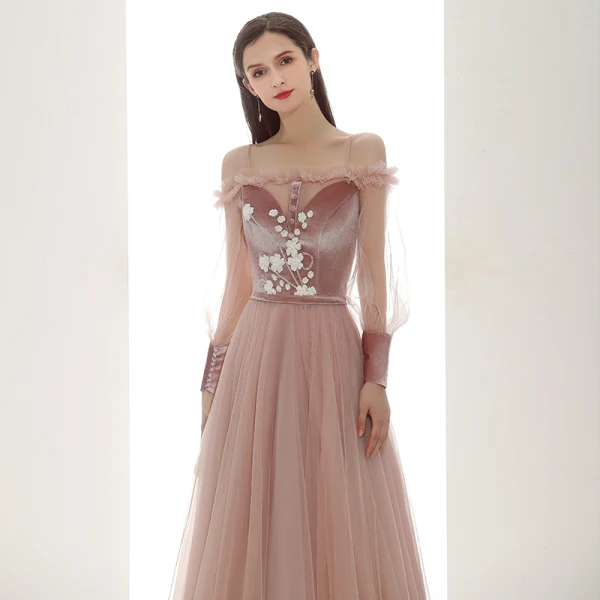 Elegant Pearl Pink Suede Evening Dresses 2020 A-Line / Princess Off-The-Shoulder Puffy Long Sleeve Sash Appliques Flower Beading Floor-Length / Long Ruffle Backless Formal Dresses