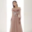 Elegant Pearl Pink Suede Evening Dresses  2020 A-Line / Princess Off-The-Shoulder Puffy Long Sleeve Sash Appliques Flower Beading Floor-Length / Long Ruffle Backless Formal Dresses