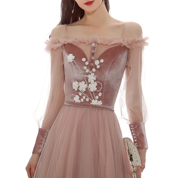 Elegant Pearl Pink Suede Evening Dresses 2020 A-Line / Princess Off-The-Shoulder Puffy Long Sleeve Sash Appliques Flower Beading Floor-Length / Long Ruffle Backless Formal Dresses