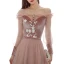 Elegant Pearl Pink Suede Evening Dresses  2020 A-Line / Princess Off-The-Shoulder Puffy Long Sleeve Sash Appliques Flower Beading Floor-Length / Long Ruffle Backless Formal Dresses