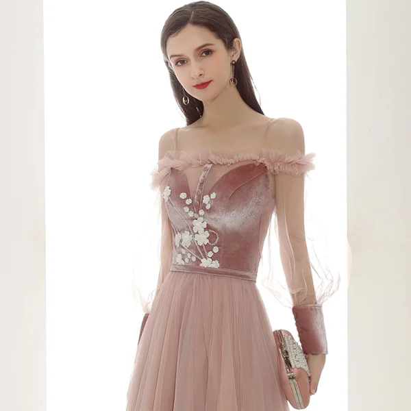 Elegant Pearl Pink Suede Evening Dresses 2020 A-Line / Princess Off-The-Shoulder Puffy Long Sleeve Sash Appliques Flower Beading Floor-Length / Long Ruffle Backless Formal Dresses