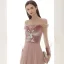 Elegant Pearl Pink Suede Evening Dresses  2020 A-Line / Princess Off-The-Shoulder Puffy Long Sleeve Sash Appliques Flower Beading Floor-Length / Long Ruffle Backless Formal Dresses