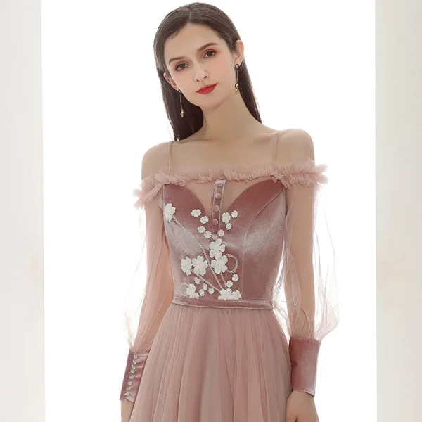 Elegant Pearl Pink Suede Evening Dresses 2020 A-Line / Princess Off-The-Shoulder Puffy Long Sleeve Sash Appliques Flower Beading Floor-Length / Long Ruffle Backless Formal Dresses