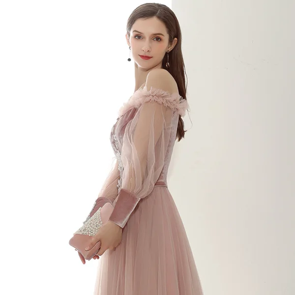 Elegant Pearl Pink Suede Evening Dresses 2020 A-Line / Princess Off-The-Shoulder Puffy Long Sleeve Sash Appliques Flower Beading Floor-Length / Long Ruffle Backless Formal Dresses