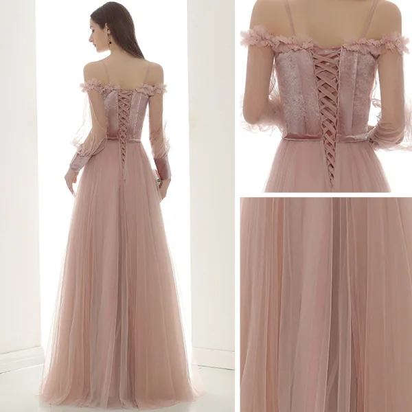 Elegant Pearl Pink Suede Evening Dresses 2020 A-Line / Princess Off-The-Shoulder Puffy Long Sleeve Sash Appliques Flower Beading Floor-Length / Long Ruffle Backless Formal Dresses