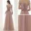 Elegant Pearl Pink Suede Evening Dresses  2020 A-Line / Princess Off-The-Shoulder Puffy Long Sleeve Sash Appliques Flower Beading Floor-Length / Long Ruffle Backless Formal Dresses