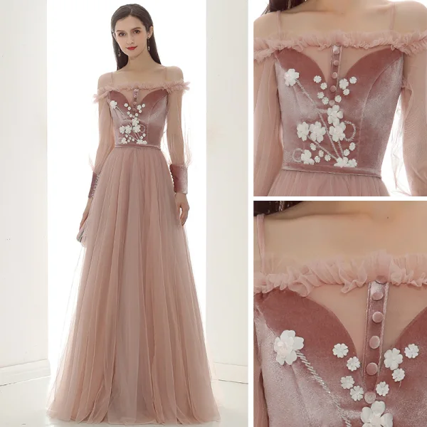 Elegant Pearl Pink Suede Evening Dresses 2020 A-Line / Princess Off-The-Shoulder Puffy Long Sleeve Sash Appliques Flower Beading Floor-Length / Long Ruffle Backless Formal Dresses