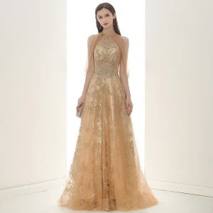 Elegant Champagne Gull Gjennomsiktig Selskapskjoler 2020 Prinsesse Scoop Halsen Uten Ermer Appliques Paljetter Beading Glitter Tyll Feie Tog Buste